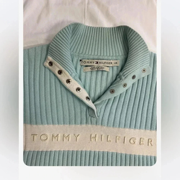 Tommy Hilfiger Vintage Ribbed Fitted Blue White Sweater Size Large - Picture 9 of 10